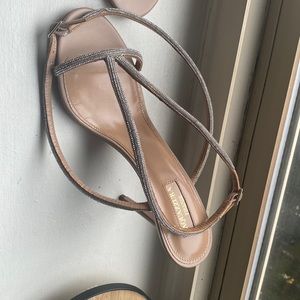 Nude Aquazzura Firenze Heels (size 38) with crystal accents on straps.